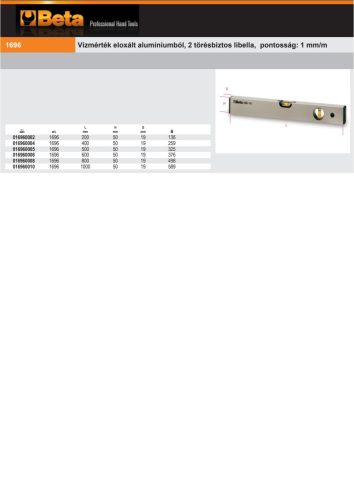 Beta 1696 Vízmérték eloxált alumíniumból, 2 törésbiztos libella, pontosság: 1 mm/m 200mm