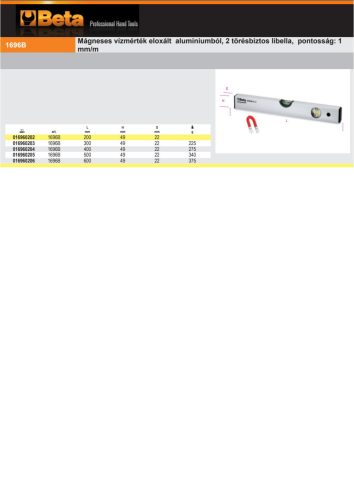 Beta 1696B Mágneses vízmérték eloxált alumíniumból, 2 törésbiztos libella, pontosság: 1 mm/m 200mm