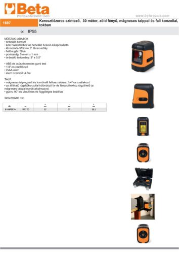 Beta 1697 30 Keresztlézeres szintező, 30 méter, zöld fényű, mágneses talppal és fali konzollal, tokban