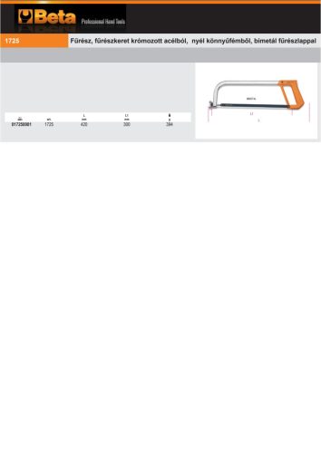 Beta 1725 Fűrész, fűrészkeret krómozott acélból, nyél könnyűfémből, bimetál fűrészlappal 300mm