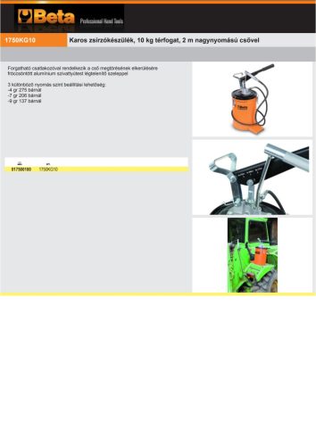 Beta 1750KG10 Karos zsírzókészülék, 10 kg térfogat, 2 m nagynyomású csővel