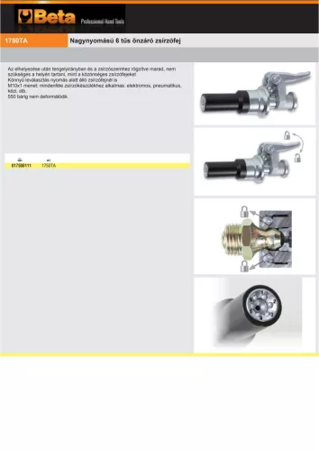 Beta 1750TA Nagynyomású 6 tűs önzáró zsírzófej
