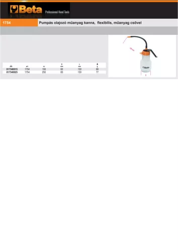 Beta 1754 Pumpás olajozó műanyag kanna, flexibilis, műanyag csővel 150ml