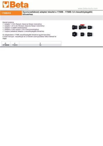 Beta 1758B/K5 Gyorscsatlakozó adapter készlet a Beta 1758B - 1758B-1,6 visszafolyásgátló tölcsérhez