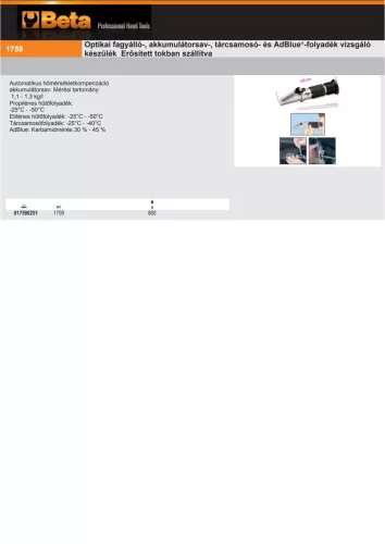 Beta 1759 Optikai fagyálló-, akkumulátorsav-, ablakmosó- és AdBlue®-folyadék vizsgáló készülék Erősített tokban szállítva