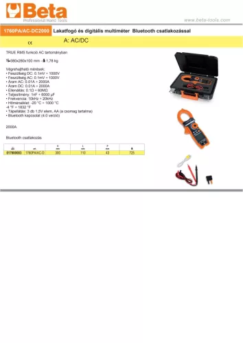 Beta 1760PA/AC-DC2000 Lakatfogó és digitális multiméter Bluetooth csatlakozással