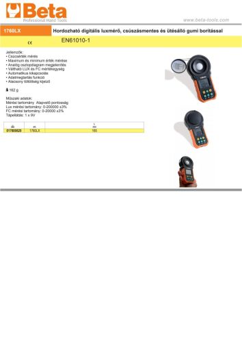 Beta 1760LX Hordozható digitális luxmérő, csúszásmentes és ütésálló gumi borítással
