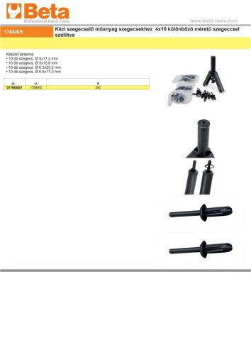 Beta 1764/K5 Kézi szegecselő műanyag szegecsekhez 4x10 különböző méretű szegeccsel szállítva