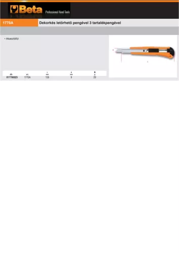 Beta 1770A Dekorkés letörhető pengével 3 tartalékpengével, 9 mm széles