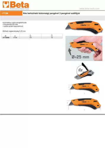 Beta 1772M Kés behúzható biztonsági pengével 3 pengével szállítjuk