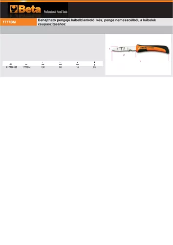 Beta 1777BM Behajtható pengéjű kábelblankoló kés, penge nemesacélból, a kábelek csupaszításához