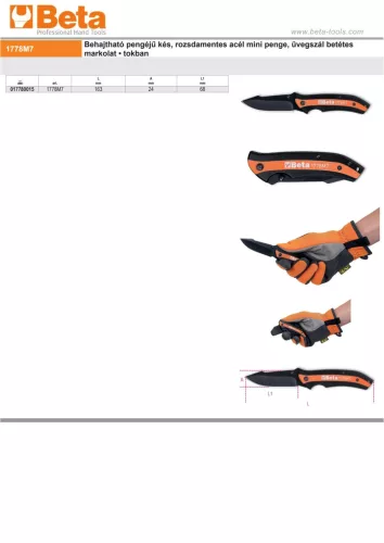 Beta 1778M7 Behajtható pengéjű kés, rozsdamentes acél mini penge, üvegszál betétes markolat • tokban