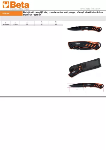 Beta 1778AN Behajtható pengéjű kés, rozsdamentes acél penge, könnyű eloxált alumínium markolat • tokban