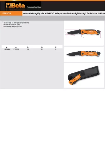 Beta 1778SOS autós elsősegély kés ablaktörő kalapács és biztonsági öv vágó funkcióval tokban
