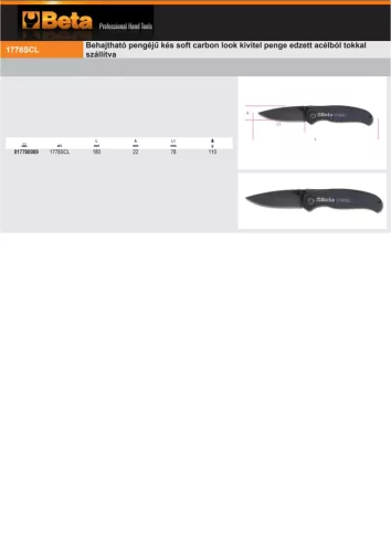 Beta 1778SCL Behajtható pengéjű kés soft carbon look kivitel penge edzett acélból tokkal szállítva