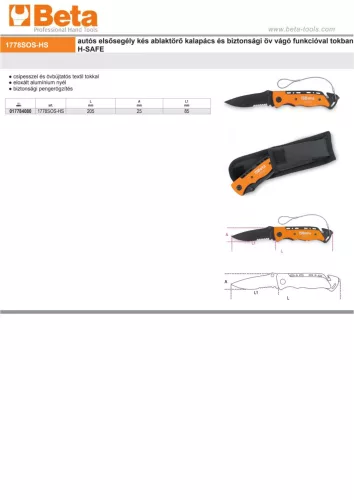 Beta 1778SOSHS autós elsősegély kés ablaktörő kalapács és biztonsági öv vágó funkcióval tokban H-SAFE