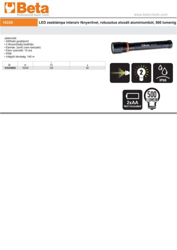 Beta 1833S LED zseblámpa intenzív fényerővel, robusztus eloxált alumíniumból, 500 lumenig