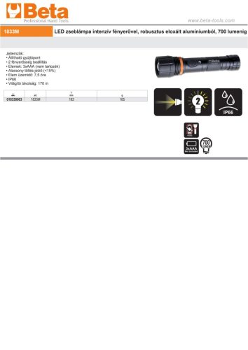 Beta 1833M LED zseblámpa intenzív fényerővel, robusztus eloxált alumíniumból, 700 lumenig