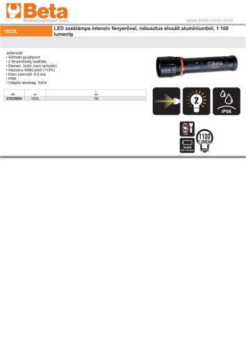 Beta 1833L LED zseblámpa intenzív fényerővel, robusztus eloxált alumíniumból, 1 100 lumenig
