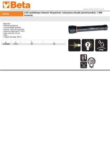 Beta 1833XL LED zseblámpa intenzív fényerővel, robusztus eloxált alumíniumból, 1 500 lumenig