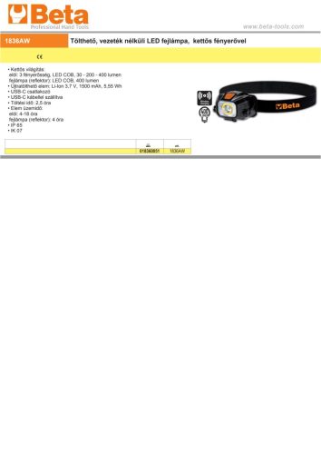 Beta 1836AW Tölthető, vezeték nélküli LED fejlámpa,  kettős fényerővel