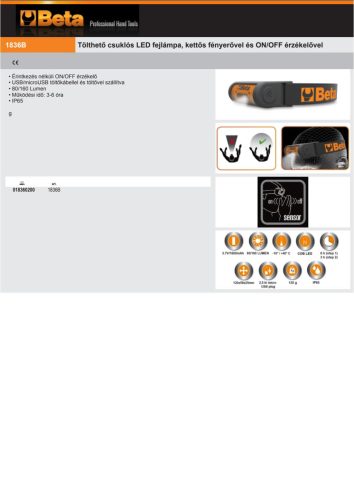 Beta 1836B Tölthető csuklós LED fejlámpa, kettős fényerővel és ON/OFF érzékelővel