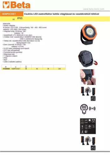 Beta 1838POCKET Csuklós LED zsebreflektor kettős világítással és vezetéknélküli töltővel