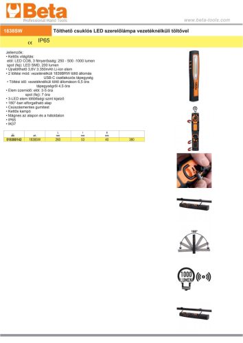 Beta 1838SW Tölthető csuklós LED szerelőlámpa vezetéknélküli töltővel