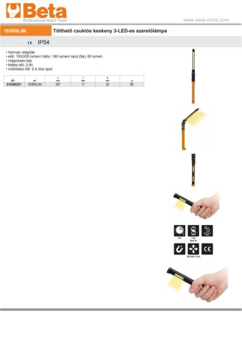 Beta 1838SLIM Tölthető csuklós keskeny 3-LED-es szerelőlámpa