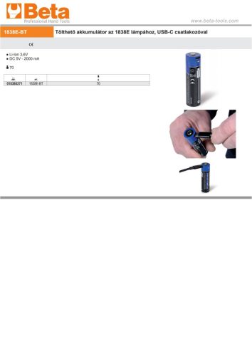 Beta 1838E-BT Tölthető akkumulátor a Beta 1838E lámpához, USB-C csatlakozóval