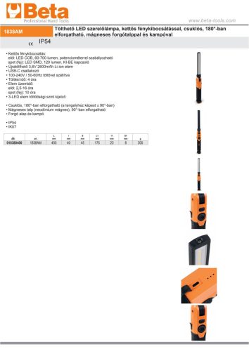 Beta 1838AM Tölthető LED szerelőlámpa, kettős fénykibocsátással, csuklós, 180°-ban elforgatható, mágneses forgótalppal és kampóval