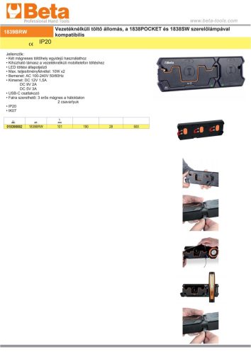 Beta 1839BRW Vezetéknélküli töltő állomás, a Beta 1838POCKET és 1838SW szerelőlámpával kompatibilis