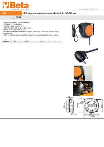 Beta 1842 15-H05 LED lámpával szerelt automata kábeldob, 100-240 Vac 15+1m
