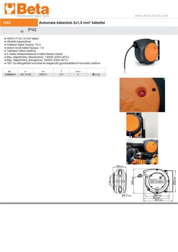 Beta 1843 15-H05 Automata kábeldob 2x1,5 mm² kábellel 15+1m
