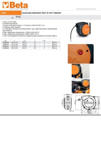 Beta 1844 15-H07 Automata kábeldob 3Gx1,5 mm² kábellel 14+1m