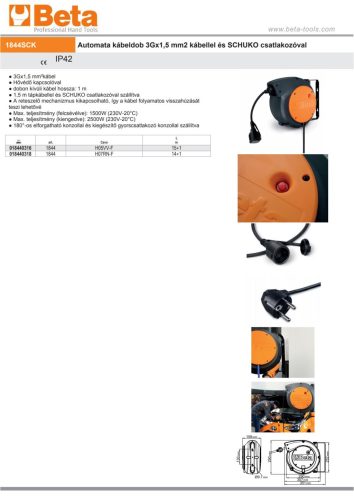Beta 1844 15-H07/SCK Automata kábeldob 3Gx1,5 mm2 kábellel és SCHUKO csatlakozóval 14+1m