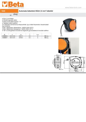 Beta 1848 15-H07 Automata kábeldob 5G2x1,5 mm² kábellel 15+1m
