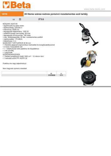 Beta 1870I 20 literes száraz-nedves porszívó rozsdamentes acél tartállyal
