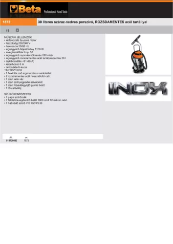 Beta 1873 30 30 literes száraz-nedves porszívó,  rozsdamentes acél tartállyal