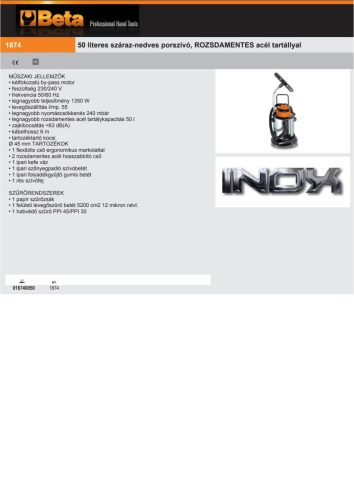 Beta 1874 50 50 literes száraz-nedves porszívó,  rozsdamentes acél tartállyal