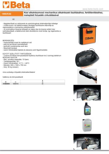 Beta 1898/K40 Kézi alkatrészmosó mechanikus alkatrészek tisztításához, fertőtlenítéséhez, melegített folyadék cirkulálásával