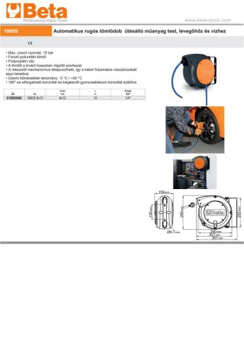 Beta 1900S 8X10 Automatikus rugós tömlődob ütésálló műanyag test, levegőhöz és vízhez 10m