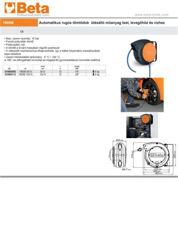Beta 1900M 10X15 Automatikus rugós tömlődob ütésálló műanyag test, levegőhöz és vízhez 15m 10/15mm