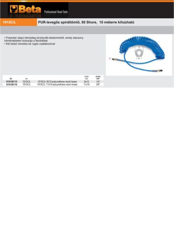 Beta 1915C/L 8X12 PUR-levegős spiráltömlő, 95 Shore, 15 méterre kihúzható 8x12mm
