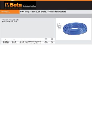 Beta 1915E/XL 11X16 PUR-levegős tömlő, 95 Shore, 50 méterre kihúzható 11x16mm