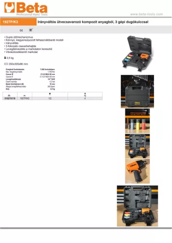 Beta 1927P/K3 Irányváltós ütvecsavarozó kompozit anyagból, 3 gépi dugókulccsal 1/2"