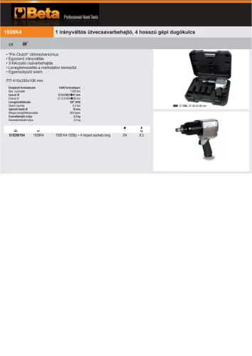 Beta 1928K4 1 irányváltós ütvecsavarbehajtó, 4 hosszú gépi dugókulcs 3/4"