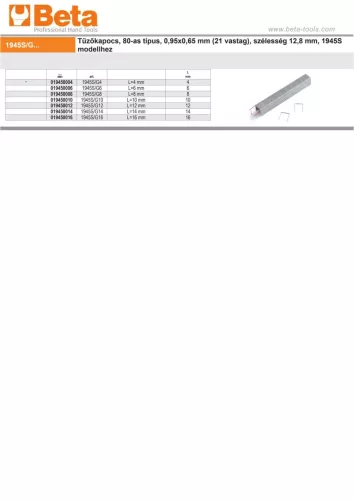 Beta 1945S/G Tűzőkapocs, 80-as típus, 0,95x0,65 mm (21 vastag), szélesség 12,8 mm, 1945S modellhez 12mm