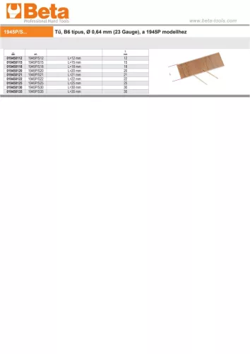 Beta 1945P/S Tű, B6 típus, Ø 0,64 mm (23 Gauge), a 1945P modellhez 15mm