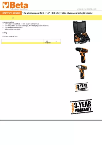 Beta 1972/K12V-COMBO 12V ultrakompakt fúró + 1/4” HEX irányváltós
ütvecsavarbehajtó készlet